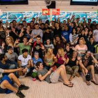 Students at a bowling alley for orientation